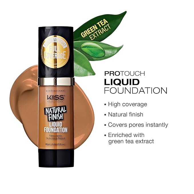 Kiss New York Professional Liquid Foundation - Lightweight and Hydrating Formula, Natural Finish, Control Shine, Cover Pores, Medium to Full Coverage, Green Tea Extract (Classic Tan)-BrightBean Baby