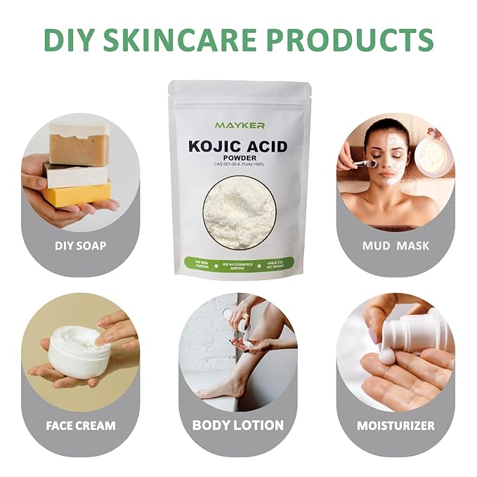 MAYKER Pure Kojic Acid Powder 2.1oz (60gram), Skin Whitening Lightening, Natural and Organic, High Purity 99.9%, Diminishes the Appearance of Dark Spots, Freckles & Scars, for DIY Soaps, Creams-BrightBean Baby