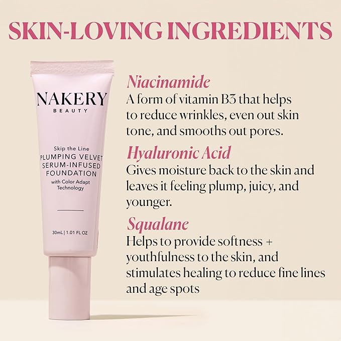 Nakery Skip the Line Full Coverage Foundation for Women - Plumping Velvet Womens Foundation Makeup Matte Finish - Age Defying Foundation - Moisturizing Foundation with Smart Color Adapt - Medium Deep-BrightBean Baby