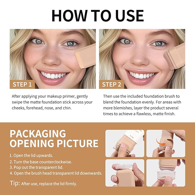 Beauty Balm Serum Boosted Skin Tint, Dual-Ended Eraser Foundation Stick with Brush, Full Coverage Cream Korean Makeup, Long-Lasting Stick for Smooth, Flawless Finish (#1 Cream)-BrightBean Baby