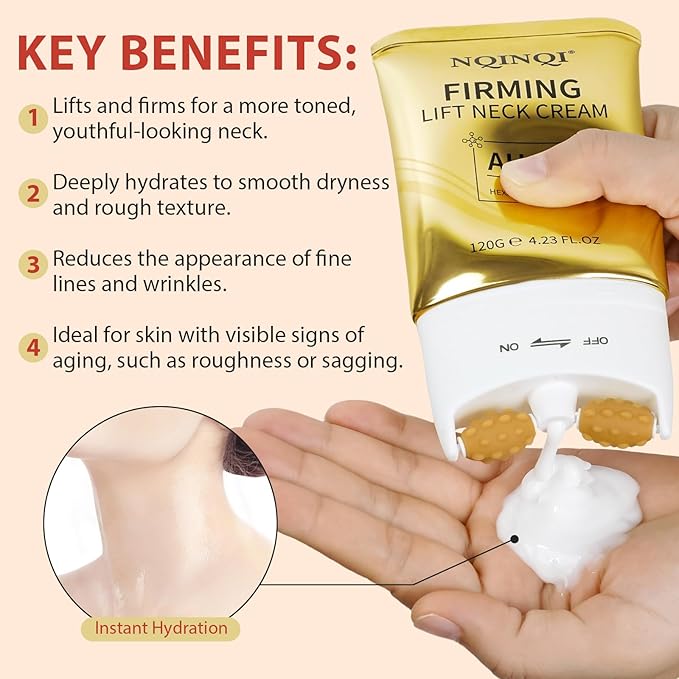 AH-8 Firming Neck Cream with Roller - Neck and Chest Firming Cream to Lift, Tighten & Smooth Sagging Skin, Reduce Wrinkles & Hydrate for Youthful Neck, 4.23 Fl Oz-BrightBean Baby