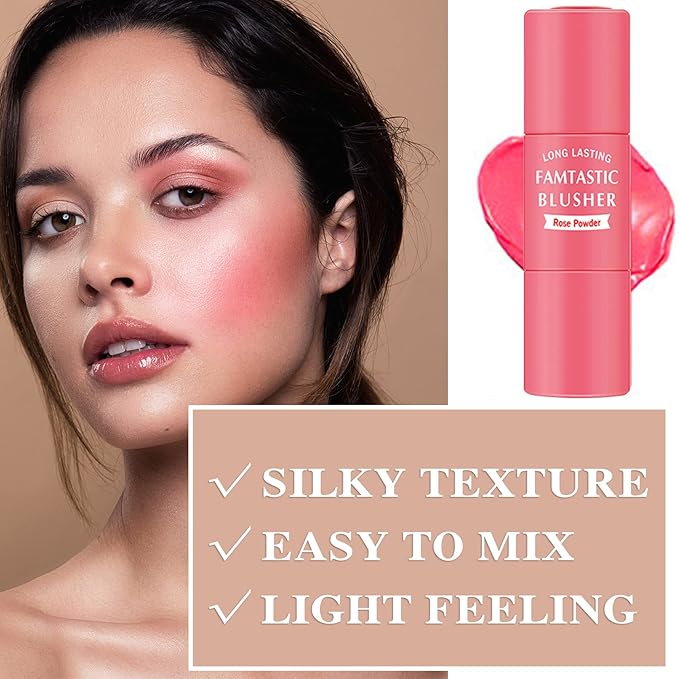 Cream Blush Stick with Brush,Waterproof Multi Cream Makeup Stick,Lightweight,Long-lasting,2 in 1 Multi Blush for Cheeks & Lip Tint & Eyeshadow Makeup(#02 Rose Power)