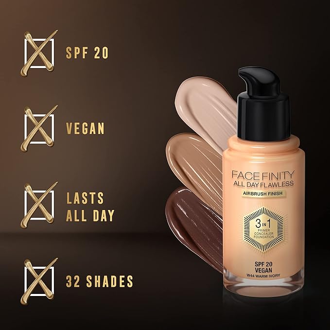 Max Factor Facefinity 3-in-1 All Day Flawless Liquid Foundation, SPF 20-44 Warm Ivory, 30 ml-BrightBean Baby