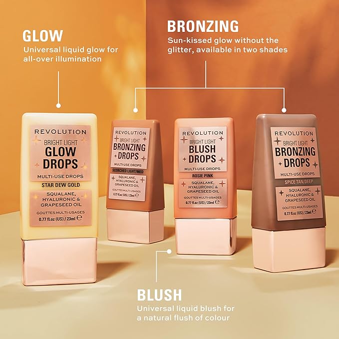 Revolution, Bright Light Glow Blush Drops, Builable Liquid Blush for Face, Infused with Hyaluronic Acid, Vegan & Cruelty-Free, Pink Rosie, 0.77 fl oz