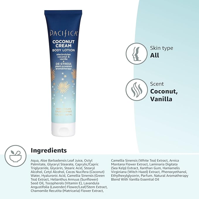 Pacifica Coconut Cream Body Lotion – Moisturizing Coconut & Vanilla Body Cream w/Aloe, Vitamin E & Chamomile for Soft Skin, Soothing Hydration for Dry Skin Lightweight Non-Greasy Vegan & Cruelty-Free-BrightBean Baby