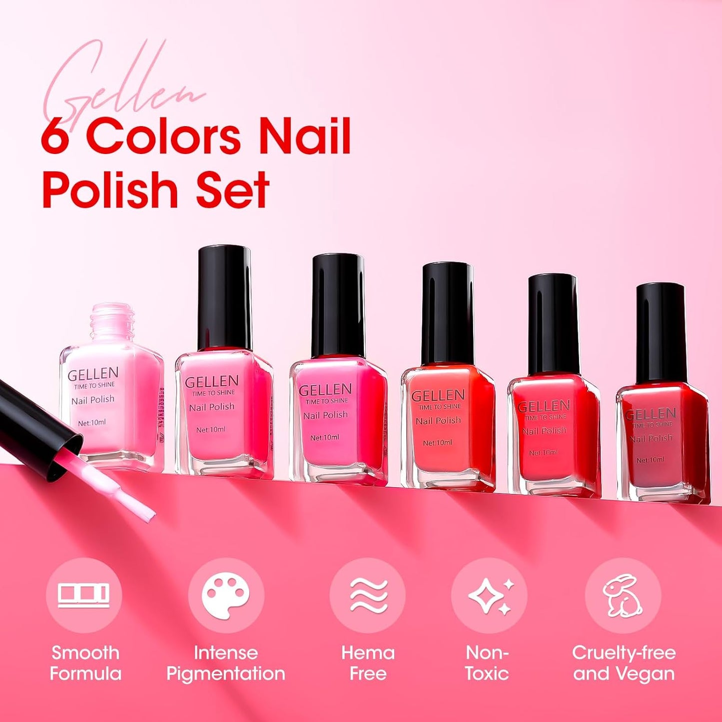 GELLEN Red Pink Nail Polish, Quick Air Dry Natural Traditional Regular Nail Polish Bright Red Hot Pink Set for Acrylic Natural Nails Home Salon, Non UV Gel, Chip Resistant, Hema Free, Non-toxic, 10ml-BrightBean Baby