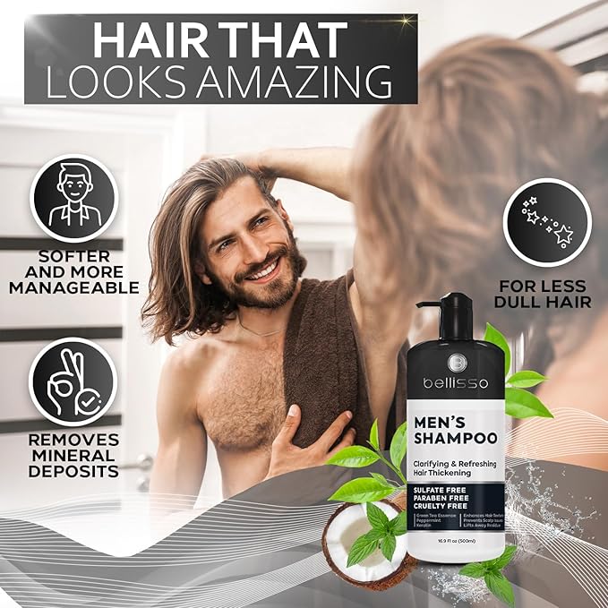 Shampoo for Men - Tea Tree Oil and Peppermint - Sulfate Free, Paraben Free - Clarifying, Refreshing, Volumizing & Moisturizing Hair Thickening Formula - Ideal for Oily Hair, Dry Scalps and Build Up-BrightBean Baby