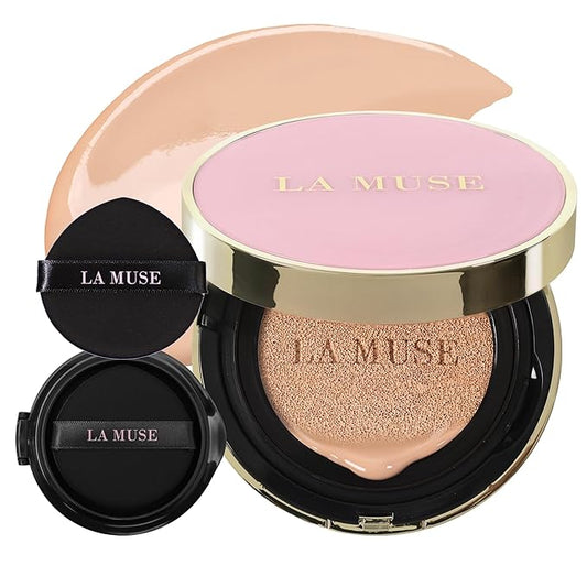 LA MUSE Complexion Correcting-Korean Cushion Foundation(2 Packs) | No Makeup Look, Daily Korean Makeup Foundation, Comfortable Wear | Natural Tone-Up Effect, Light to Medium Tones | For All Skin Types-BrightBean Baby