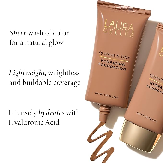 LAURA GELLER NEW YORK Quench-n-Tint Hydrating Foundation - Medium/Deep - Sheer to Light Buildable Coverage - Natural Glow Finish - Lightweight Formula with Hyaluronic Acid-BrightBean Baby
