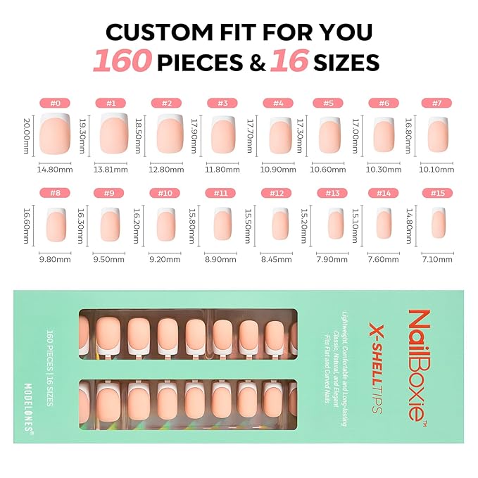 modelones French Tip Press on Nails, Short Square Fake Nails with Nail Box, Nude Gel Nail Tips for Women, Soft Glue-On Nails for Natural Salon Look, DIY Nail Art Kit-BrightBean Baby