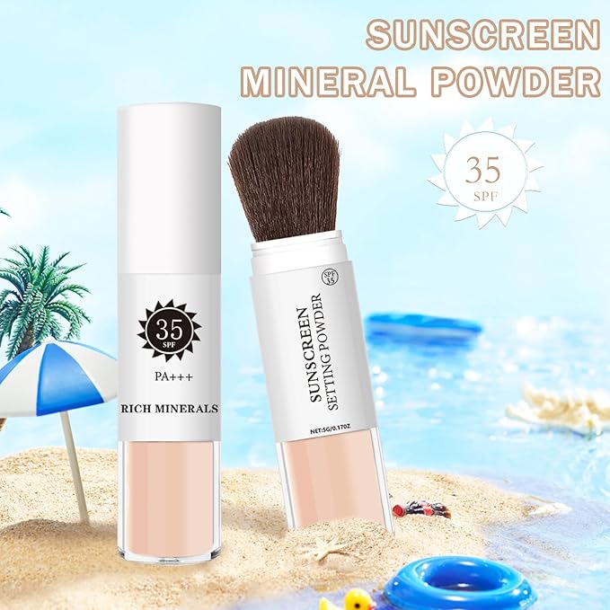 Mineral Sunscreen Setting Powder Mineral Brush Powder SPF 35 PA+++ Oil Control Matte Effect Lightweight Breathable Translucent Powder Setting Powder Sunscreen Makeup for Face with Brush - 02 Fair-BrightBean Baby