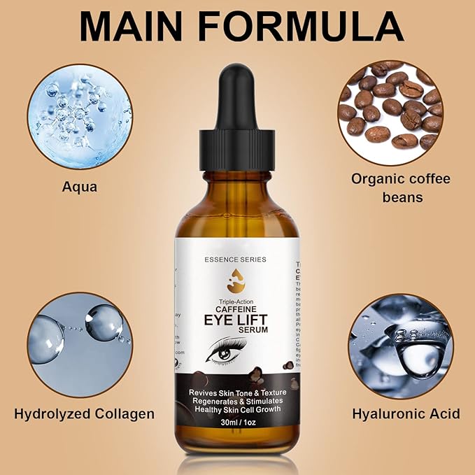 Caffeine Eye Serum - with EGCG, Vitamin C, Hyaluronic Acid, Collagen, Caffeine Eye Lift Serum - Reduces Puffiness, Dark Circles, Under Eye Bags, Wrinkles and Fine Lines Around The Eyes (30ml)-BrightBean Baby