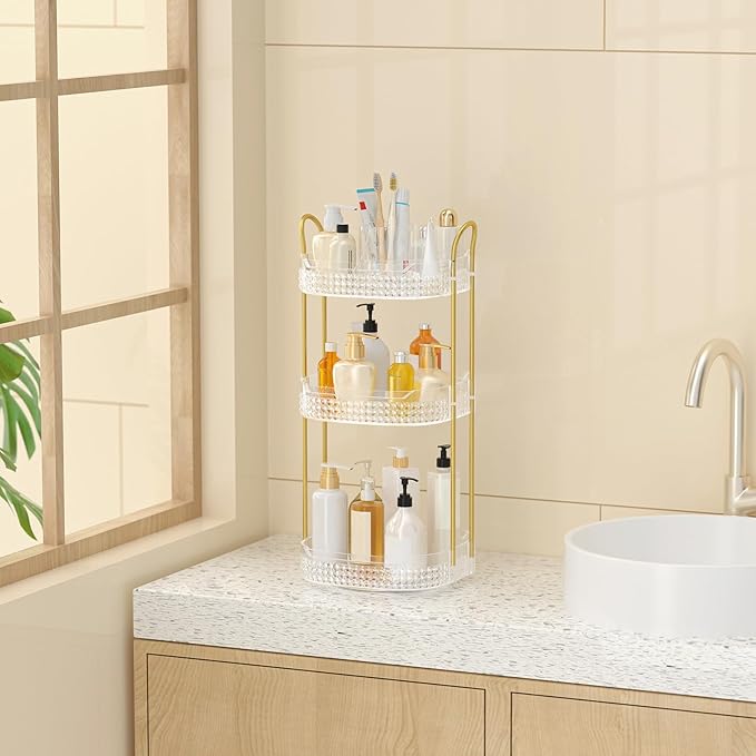 Rotating Makeup Organizer for Vanity 3 Tier, Perfume Organizer with Makeup Brush Holder, Large Capacity Cosmetics Clear Skincare Organizer for Countertop (Transparent)-BrightBean Baby