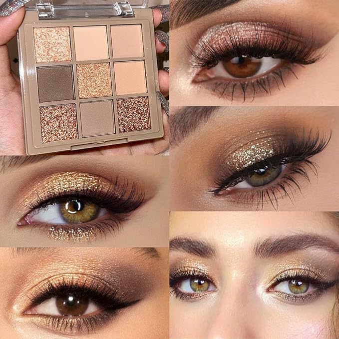 Eye Shadow Palette Makeup,9 Colors Gold Matte Shimmer Vegan Eyeshadow,Highly Pigmented Long Lasting Waterproof Naturing-Looking make up pallets for women,eyeshadow palette for brown blue eyes