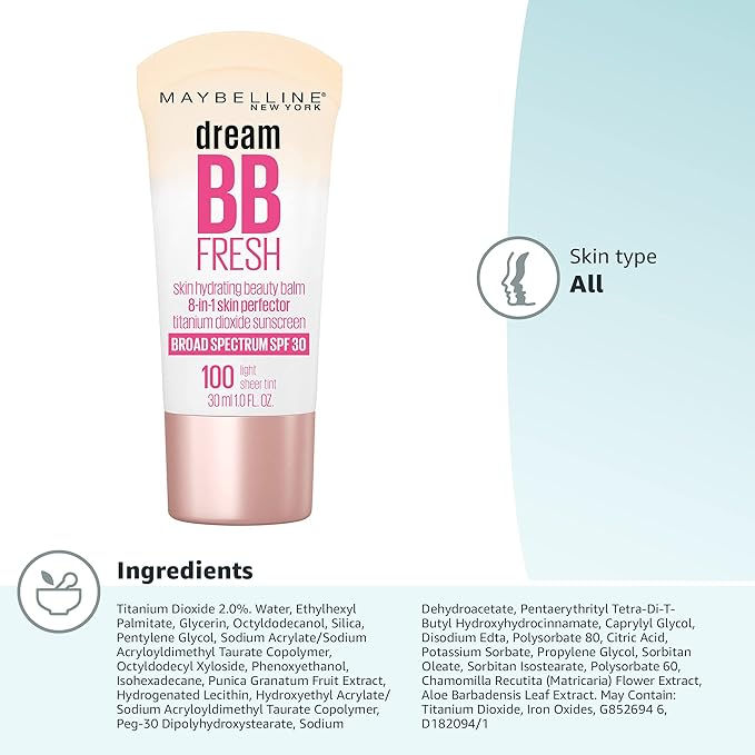 Maybelline Dream Fresh Skin Hydrating BB cream, 8-in-1 Skin Perfecting Beauty Balm with Broad Spectrum SPF 30, Sheer Tint Coverage, Oil-Free, Light, 1 Fl Oz-BrightBean Baby