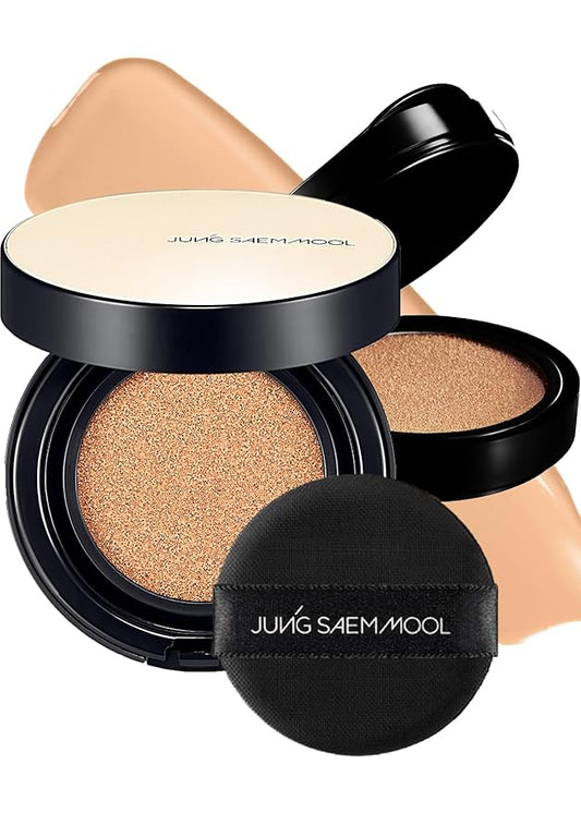 JUNG SAEM MOOL Essential Skin Nuder Longwear Cushion 0.98 Fl Oz (Medium), Refill Included, 24H Lasting Cushion Foundation with High Coverage, Semi-Matte Natural Finish, Korean Foundation Makeup-BrightBean Baby