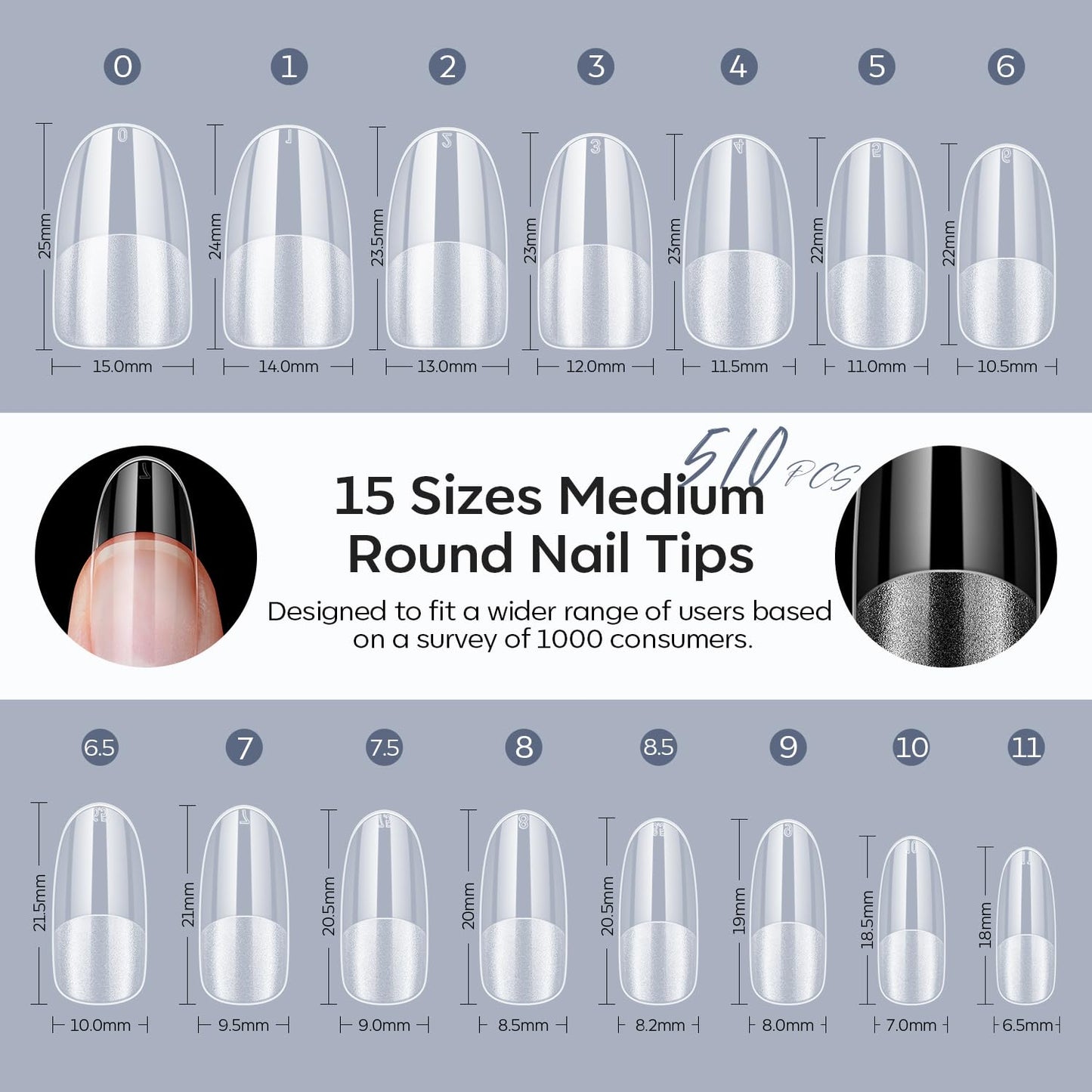 Modelones Medium Round Oval Fake Nail Tips - 510Pcs Gel Tips Pre-shaped Half Matte Full Cover Clear Acrylic Gel Kit False Press on Nails for Extension DIY Salon 15Sizes-BrightBean Baby