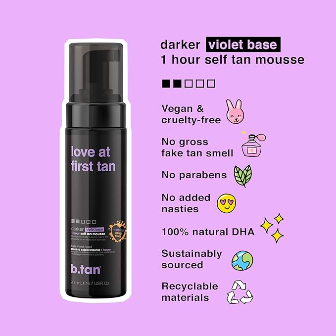 b.tan Violet Base Self Tanner Mousse | Love At First Tan - Best, 1 Hour Express Sunless Tanning Foam, Cancels Orange Tones, Dark Bronzing Glow, No Fake Tan Smell, Face & Body, 6.7 Fl Oz-BrightBean Baby