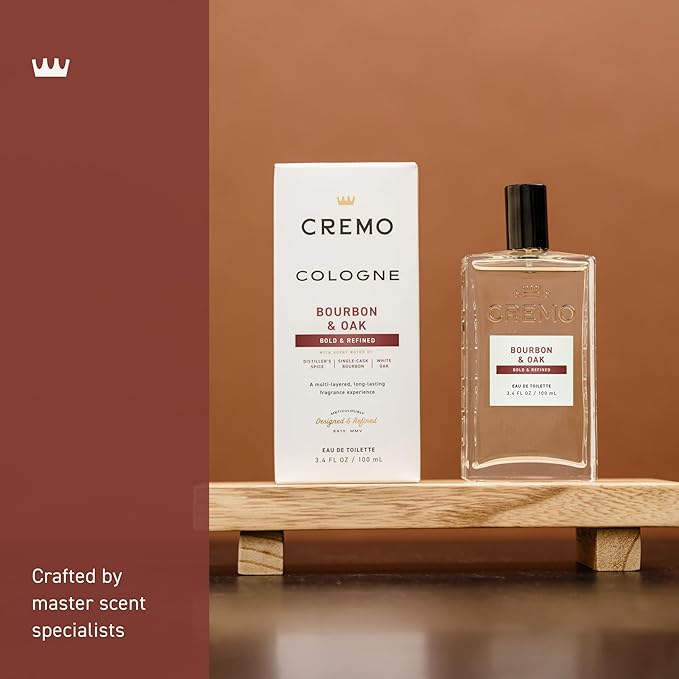 Cremo Cologne for Men - Bourbon & Oak Mens Cologne Spray - A Sophisticated Blend of Distiller’s Spice, Fine Bourbon and White Oak, Fragrances For Men, 3.4 Fl Oz-BrightBean Baby