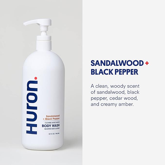 Huron Men’s Moisturizing Body Wash - Clean & Woody Scent of Sandalwood, Black Pepper, Cedarwood, & Amber - Made With Coconut Oil, Vitamin E & Witch Hazel - Vegan, Cruelty-Free - 32 fl oz-BrightBean Baby