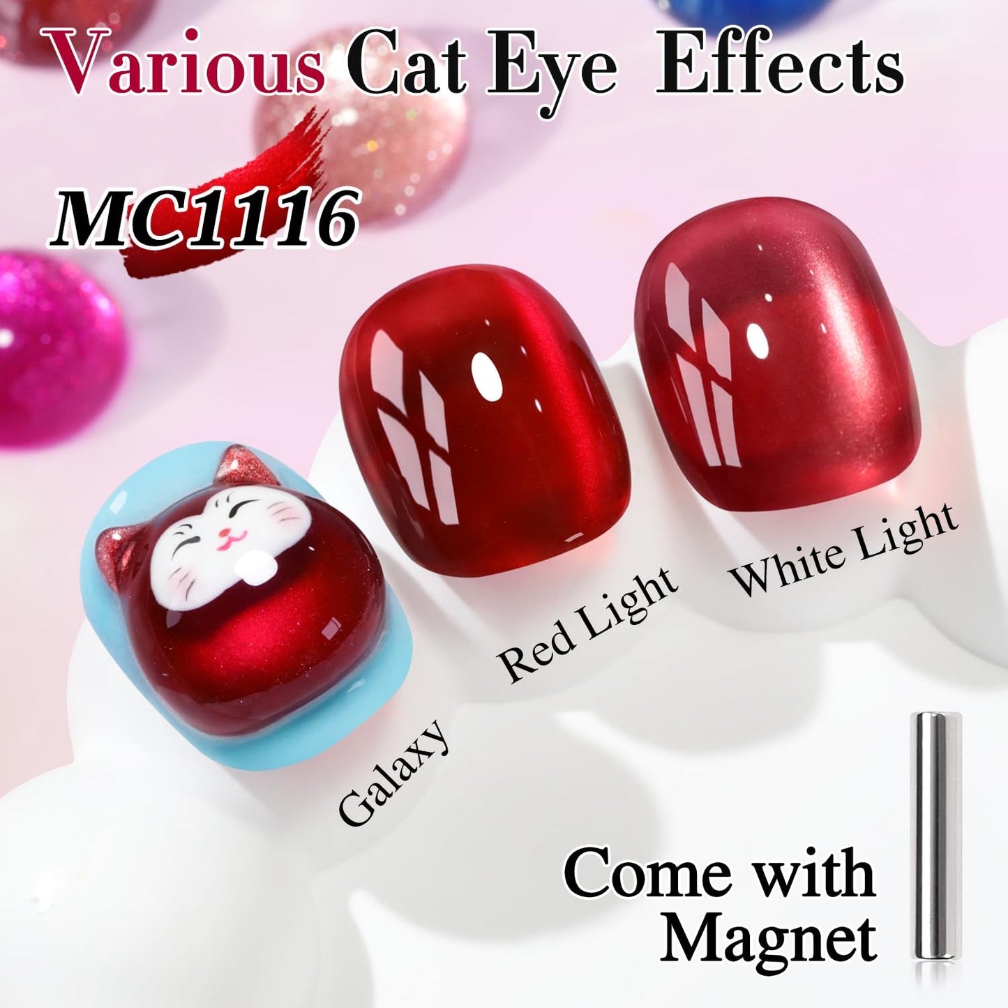 Double Rhythm Jelly Glass Cat Eye Gel Polish with Magnet 15ML Holographic Glitter Shimmer Translucent Sheer Color Magnetic Nail Polish Salon DIY at Home (Red-MC1116)-BrightBean Baby