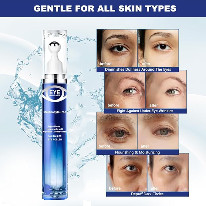 Caffeine Eye Serum,Under Eye Roller Serum with 360° Massage Ball,Eye Contour Cream for Dark Circles and Puffiness Wrinkles Fine Lines-BrightBean Baby