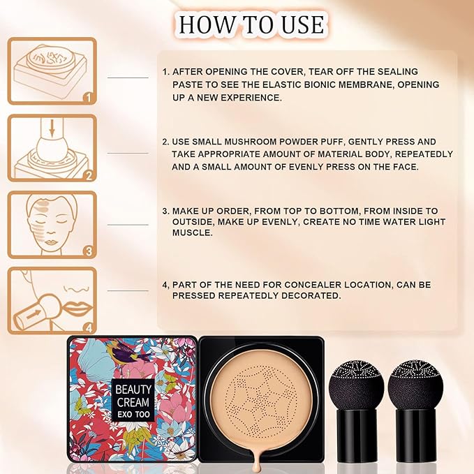Beauty Cream EXO TOO Foundation, Beauty Cream Makeup Base, Moisturizing, Long Lasting Matte Air Cushion CC Cream Concealer with Two Mushroom Head Sponges-BrightBean Baby