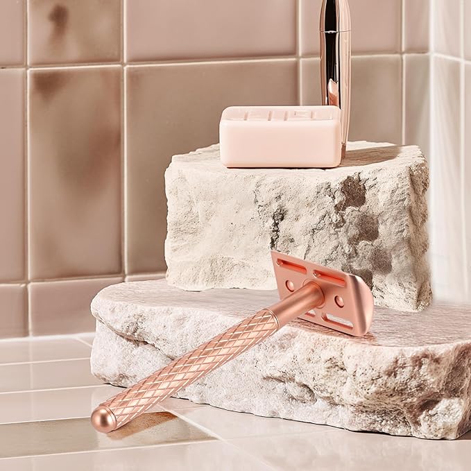 Double Edge Safety Razor for Women with Silicone Cover & 10 Blades for Travel Metal Eco-Friendly Reusable Single Blade Razor for Shaving (Rose Gold)-BrightBean Baby