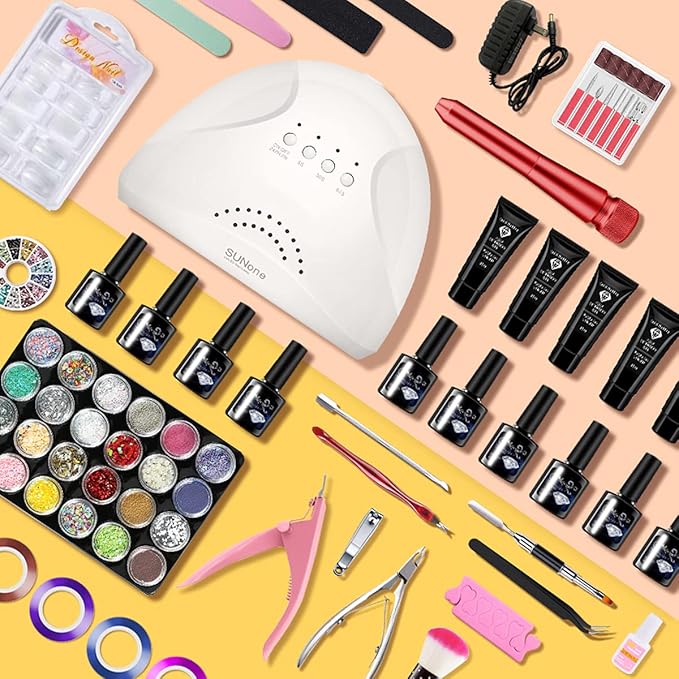 Gel Nail Polish Kit for Women with 6 Colors Extension Poly Nail Gel set, 48W UV Lamp, 12pcs nail polish set with Base Coat and Top coat,Professional Manicure Tool for Home DIY Salon-BrightBean Baby