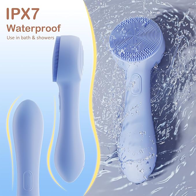 Facial Cleansing Brush Silicone Face Scrubber Waterproof Rechargeable Exfoliator Massage Device for Men & Women, Deep Pore Cleansing, Exfoliating, Removing Blackhead Electric Face Scrub Brush (Blue)-BrightBean Baby