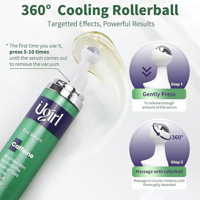 Eye Serum for Dark Circles, 5% Caffeine Under Eye Cream for Wrinkles, Morning Puffiness and Fine Lines, Deeply Repairs the Muscles Around the Eyes with 360°Massage Ball, 0.5 Fl Oz-BrightBean Baby