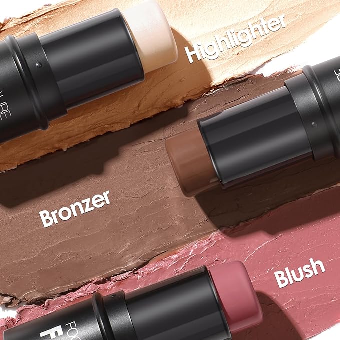 FOCALLURE 3 Pcs Cream Contour Sticks,Shades with Highlighter & Bronzer & Blush,Non-greasy Long-wear Face Contouring Pen,Easy to Sculpt the Face and Create a Lightweight Finishing Makeup,TAN-BrightBean Baby