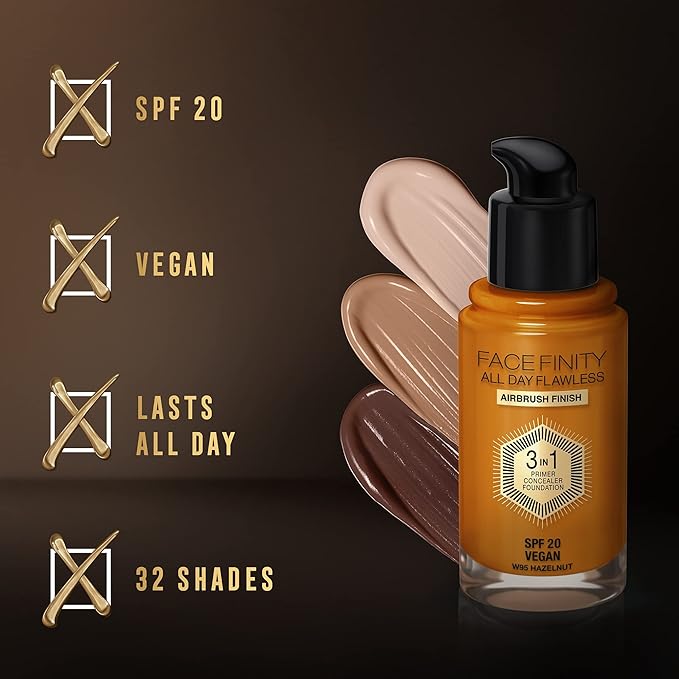 Max Factor Facefinity 3-in-1 All Day Flawless Foundation SPF 20, 95 Hazelnut, 30 ml-BrightBean Baby