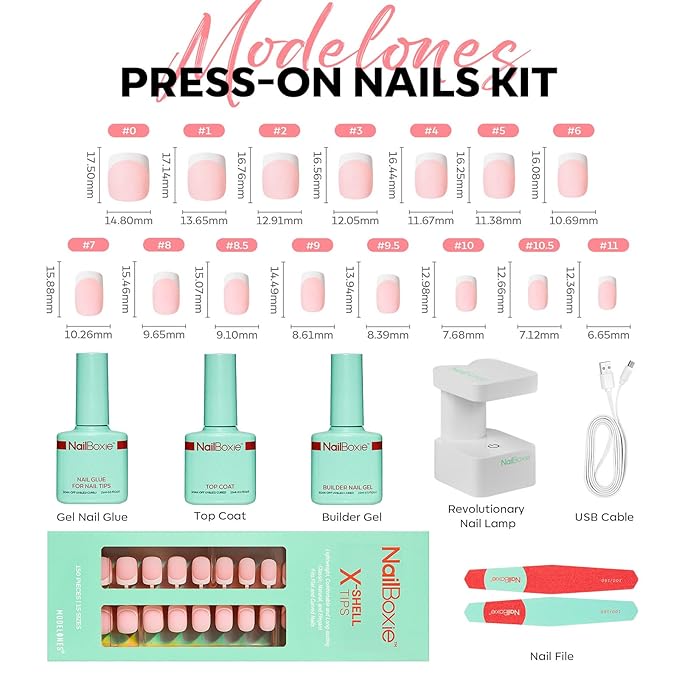 Modelones Gel Nail Kit, Top Coat, Nail Builder Gel, Press On Nails Kit with LED Light, 150 PCS Short Pink Square, 15 Sizes French Tip Press on Nails, Pre-Colored Nail Tips for Easy DIY Nail Art-BrightBean Baby