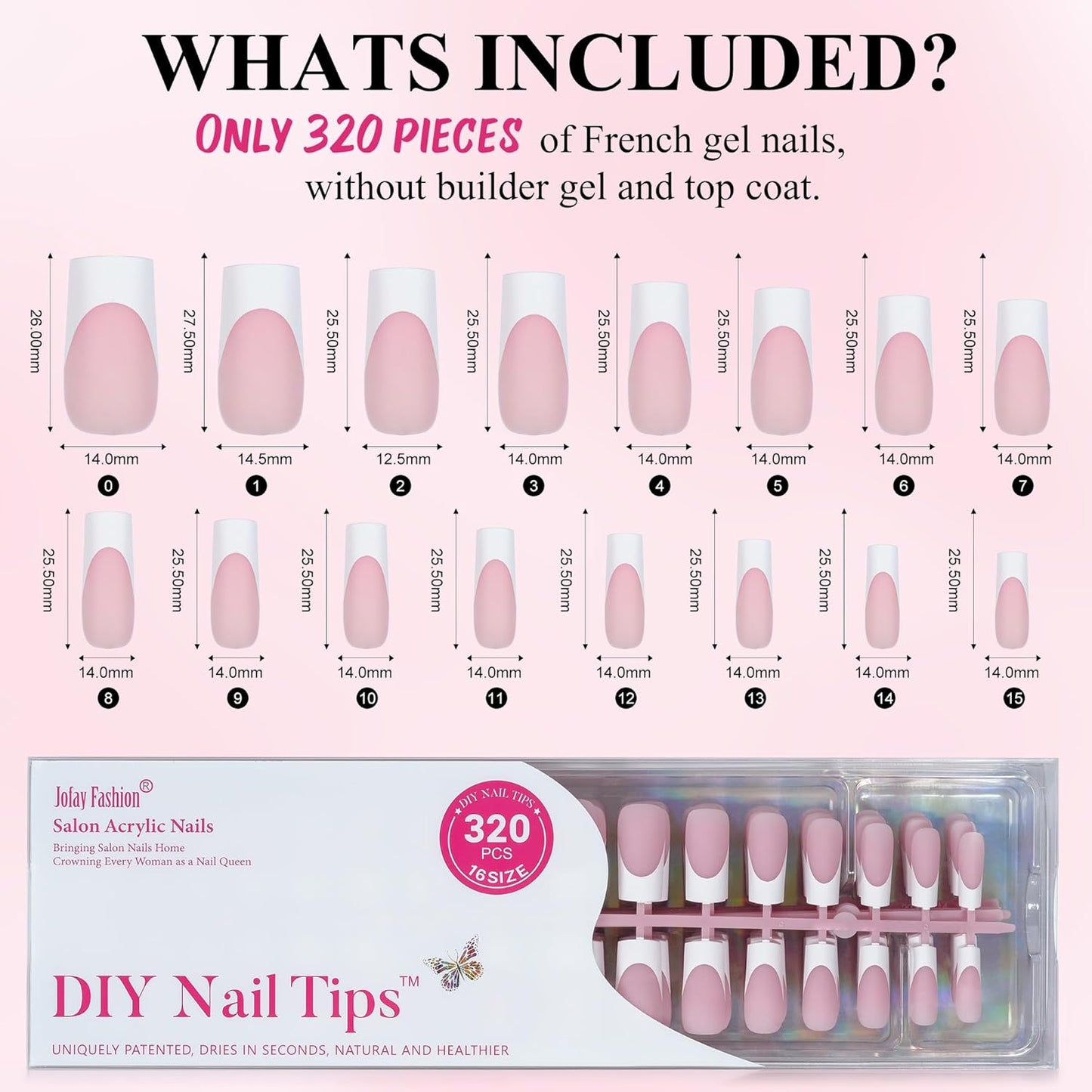 French Gel Nail Tips - Jofay Fashion French Tip Press on Nails, 10-Piece Set 320Pcs Pink long Square Nail Tips, No Need to File 3 in 1 Acrylic Fake Nails for Nail Art DIY & Nail Extension, 16 Sizes-BrightBean Baby