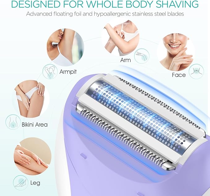 Epilator for Women-Cordless Epilators Hair Removal for Women, 4-in-1 Electric Razor Hair Remover, 2 Speeds & 21 Tweezers for Face Legs Arms Armpit Bikini, Purple HR310
