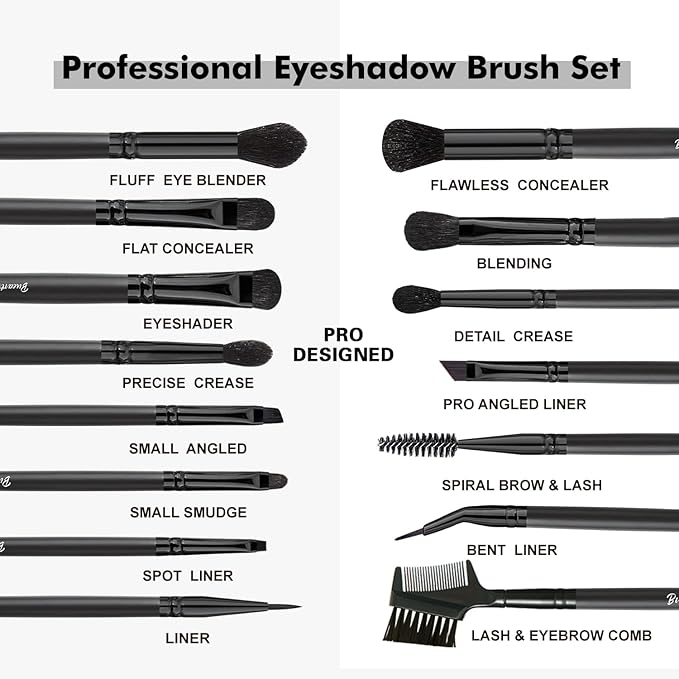 Bueart Design 15Pcs Professional Eyeshadow Brush Set For Eye makeup Blending,Brow grooming,Concealing,eyeshader, With premium ultra soft synthetic vegan Hair-BrightBean Baby