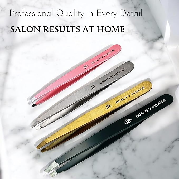 Professional Tweezers - Slant, Durable Lightweight German Stainless Steel, Ultra Precision Tweezers for Eyebrows, Facial Hair, Chin, and Ingrown Hair Removal - Gift (Matte Gold)
