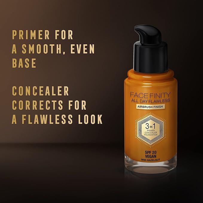 Max Factor Facefinity 3-in-1 All Day Flawless Foundation SPF 20, 95 Hazelnut, 30 ml-BrightBean Baby