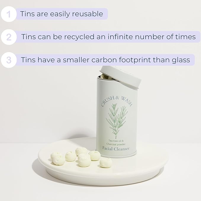 3-in-1 Solid Facial Cleanser, Exfoliator, and Wash-off Mask - Vegan, Cruelty-Free, Plastic-Free, Travel-Friendly, 1 Month Supply (60 Crushable Tablets) in Tin (Purifying Beans in Tin)-BrightBean Baby