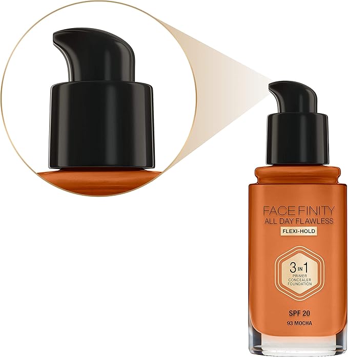 Max Factor Facefinity 3-in-1 All Day Flawless Liquid Foundation, SPF 20-93 Mocha, 30 ml-BrightBean Baby