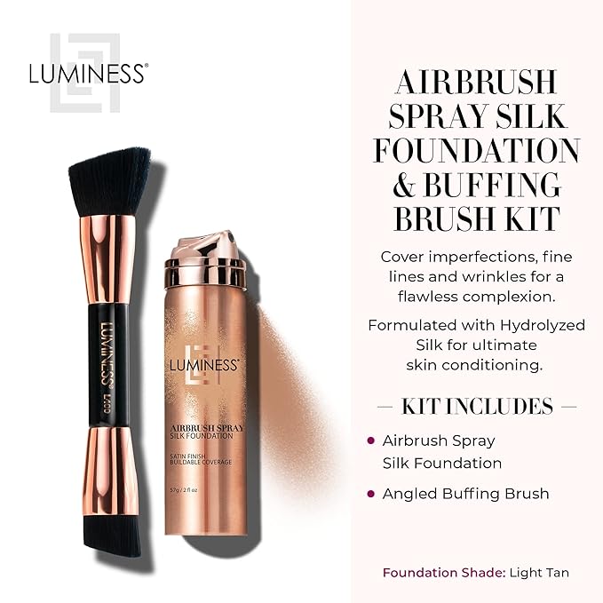LUMINESS Silk Airbrush Spray Foundation & Buffing Brush Kit – Full Coverage Foundation & Dual-Sided Buffing Brush - Buildable Coverage, Anti-Aging Formula Hydrates & Moisturizes (Shade - Light Tan)-BrightBean Baby