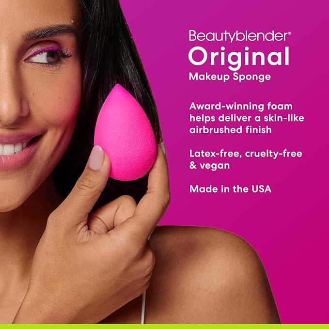 Beautyblender® | Original Pink Beauty Blender Makeup Sponge, Super-Soft Foam Easily Blends Foundations, Powders & Creams, Made in USA, Reusable, Washable, Streak Free Application, Vegan, Cruelty Free-BrightBean Baby