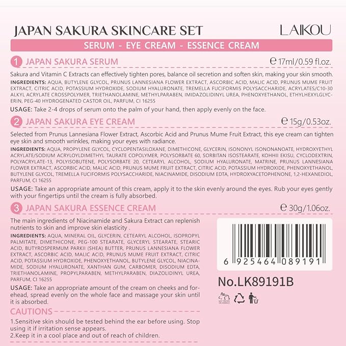 Skin Care Set JAPAN SAKURA Women Beauty Gift Sets Skin Care Kit with Serum, Eye Cream, Face Cream Travel Kit for Women Wife Mom Teen Girls TSA-friendly Sizes Birthday Gift 3pcs-BrightBean Baby