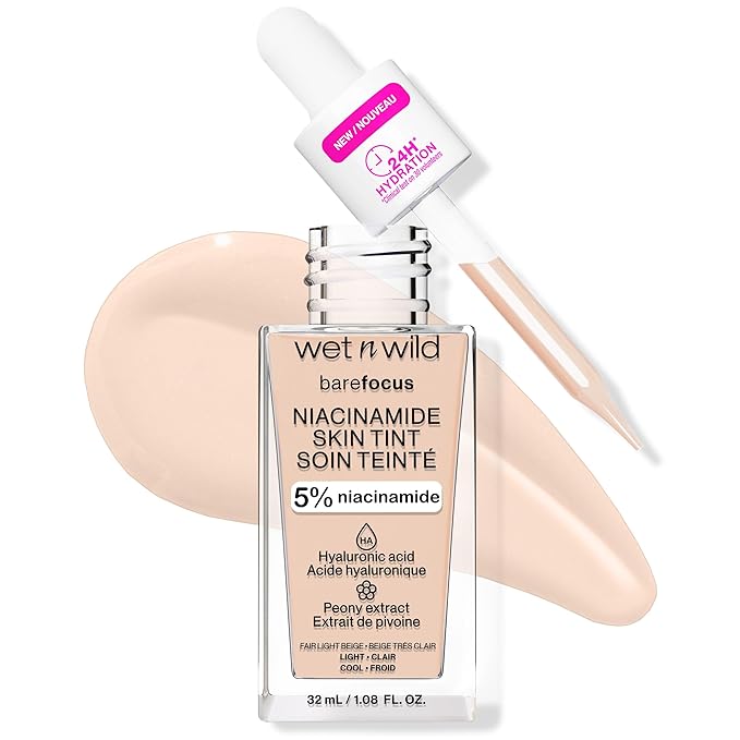wet n wild Bare Focus Skin Tint, 5% Niacinamide Enriched,Buildable Sheer Lightweight Coverage,Natural Radiant Finish,Hyaluronic & Vitamin Hydration Boost,Cruelty-Free & Vegan-Fair Light Beige-BrightBean Baby
