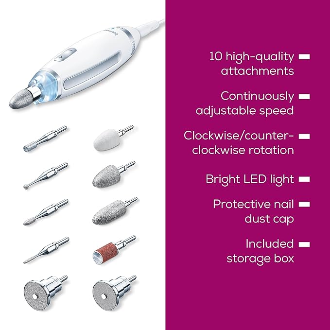Beurer MP62 Professional Nail Drill Kit, Portable Electric File Machine with 10 Attachments & 10 Sanding Bands, Efile Dremel for Acrylic Gel Manicure and Pedicure, LED Light, with Storage Case-BrightBean Baby