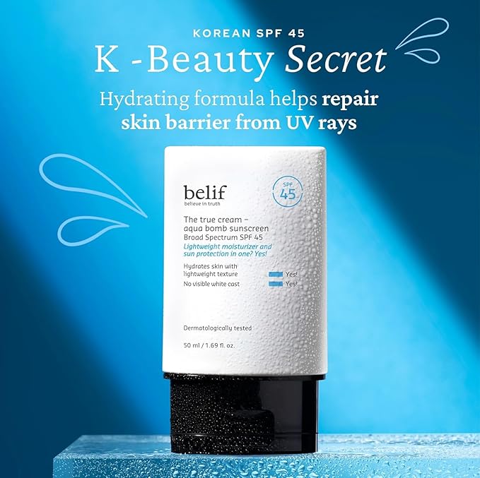 belif Aqua Bomb SPF 45 Hydrating Niacinamide Sunscreen (1.69 fl. oz) - The True Cream PA++++, Daily Broad Spectrum, No White Cast, Weightless & Invisible, Non-Greasy, Korean Skincare-BrightBean Baby