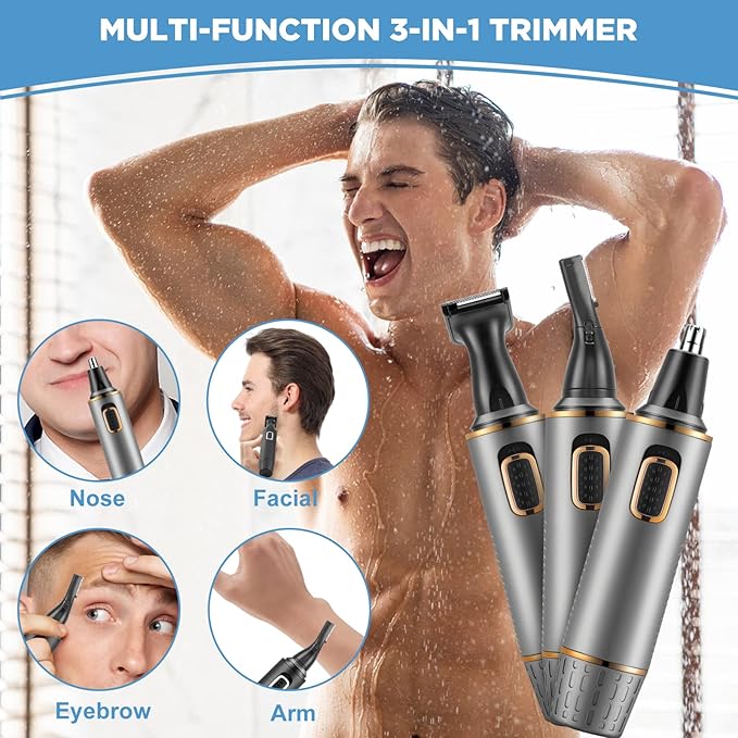 Nose Hair Trimmer for Men Rechargeable 3-IN-1 Versatile Professional Painless Trimmer for Nose, Ear, Beard, Facial, Pubic Hair - Wet or Dry Use, Dual Edge Blades