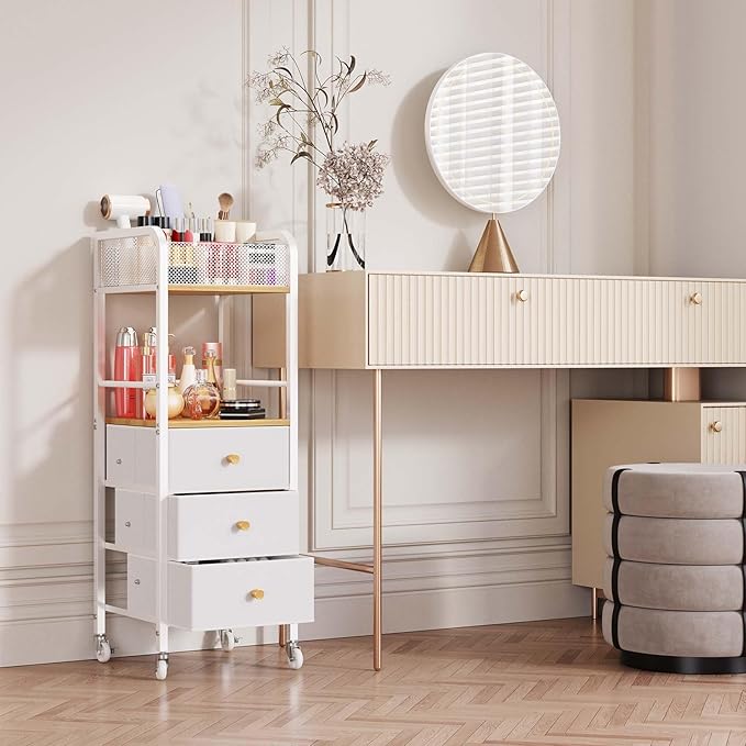 HapiRm Rolling Makeup Cart Organizer - Floor Skincare Make Up Storage with 3 Drawers, Vanity Organizer Cosmetic Display Cases Holder for Skin Care Perfume Nail Polish Brush Hair Tool-BrightBean Baby