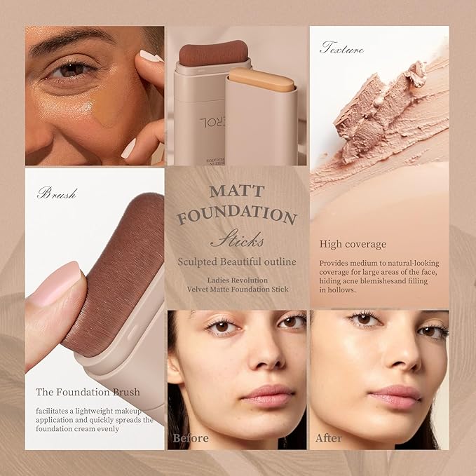 Foundation Stick, Multi-Use Foundation Stick Makeup with Built-In Foundation Brush, Lightweight Buildable Medium-to-Full Coverage, Longwear Contour Stick Foundation Face Stick, Natural Finish-BrightBean Baby